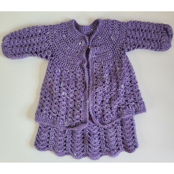 Handmade Crochet Baby Cardigan & Skirt Set Purple Size 18 months - 2T - Picture 1 of 11